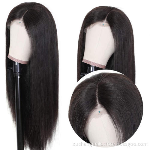 Wholesale glueless pre plucked transparent swiss lace wig for black women raw brazilian 100% human hair straight lace front wigs